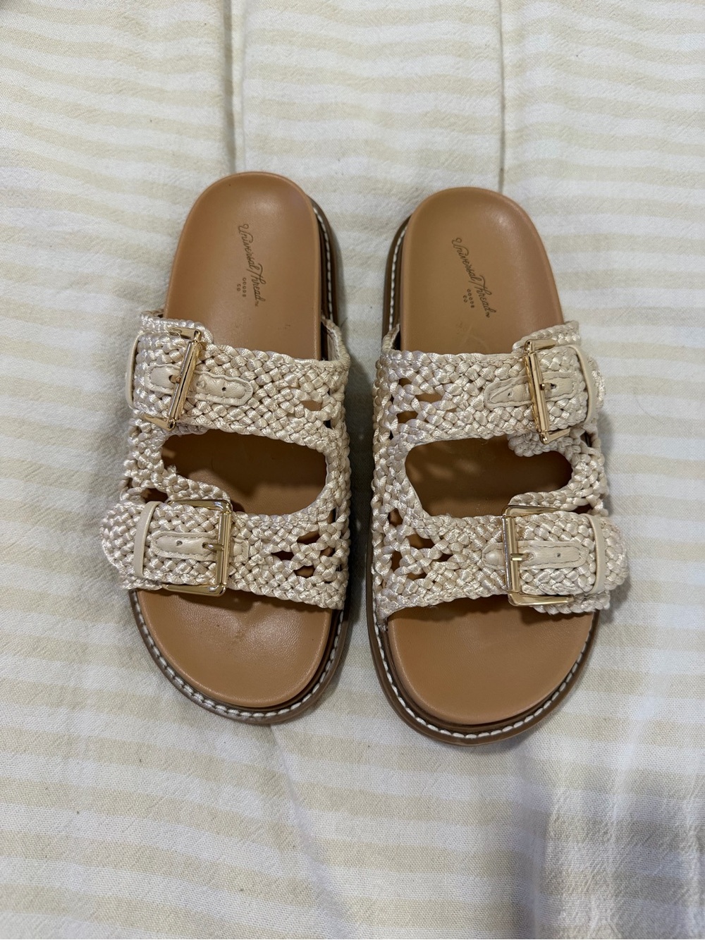 Universal Thread Woven Double-Buckle Sandals in Cream with Gold Buckles